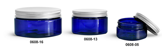 Plastic Jars, Blue PET Heavy Wall Jars w/ Aluminum Lined Caps