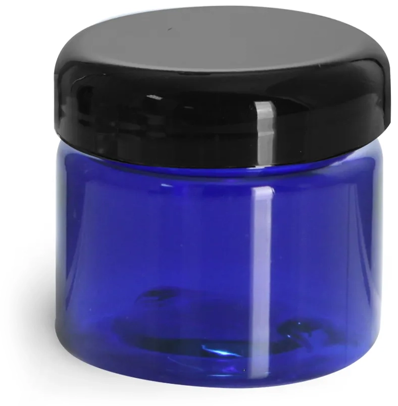 1/2 oz Plastic Jars, Blue PET Straight Sided Jars w/ Black Dome Lined Caps