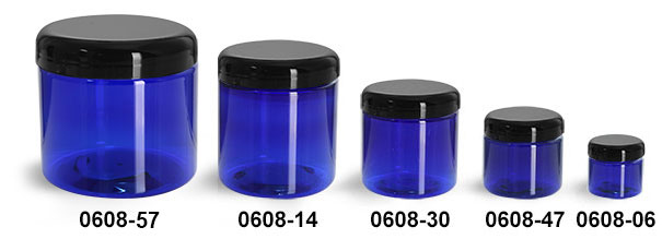 Plastic Jars, Blue PET Straight Sided Jars w/ Black Dome Lined Caps