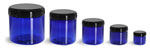 PET Plastic Jars, Blue Straight Sided Jars w/ Black Dome Lined Caps