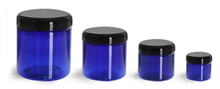 PET Plastic Jars, Blue Straight Sided Jars w/ Black Dome Lined Caps