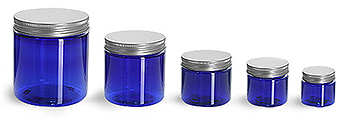 Plastic Jars, Blue PET Straight Sided Jars w/ Lined Aluminum Caps