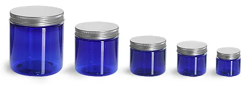 PET Plastic Jars, Blue Straight Sided Jars w/ Lined Aluminum Caps