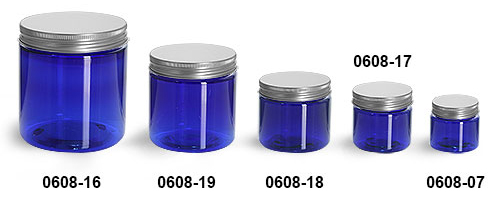 Plastic Jars, Blue PET Straight Sided Jars w/ Lined Aluminum Caps