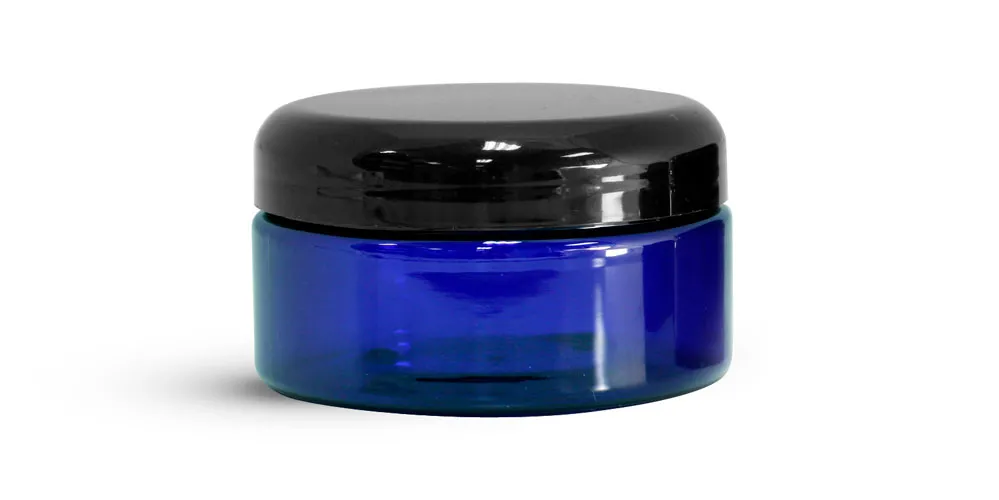 8 oz Blue PET Heavy Wall Jars w/ Black Dome Caps