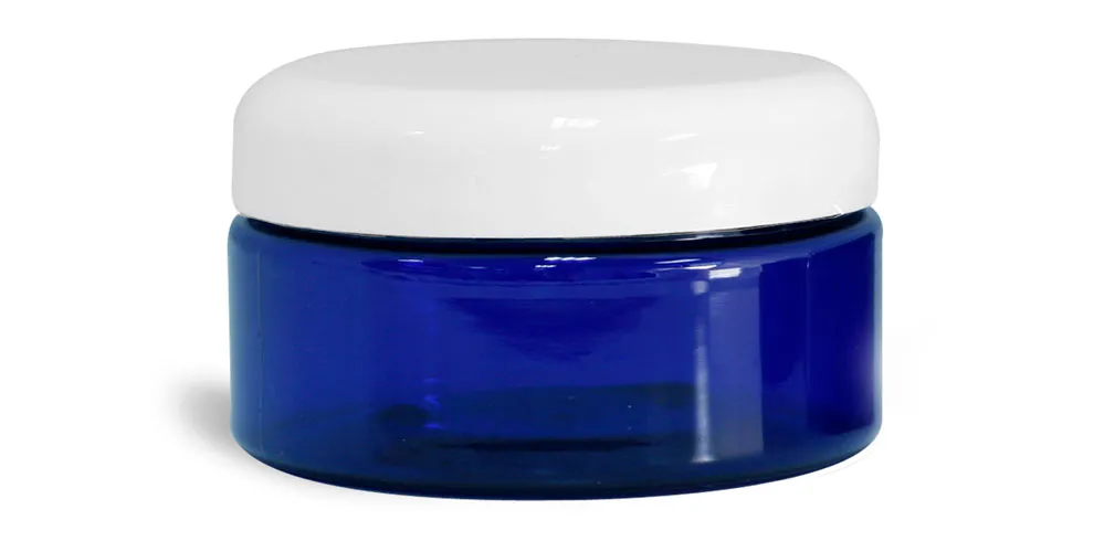 8 oz Blue PET Heavy Wall Jars w/ White Dome Caps