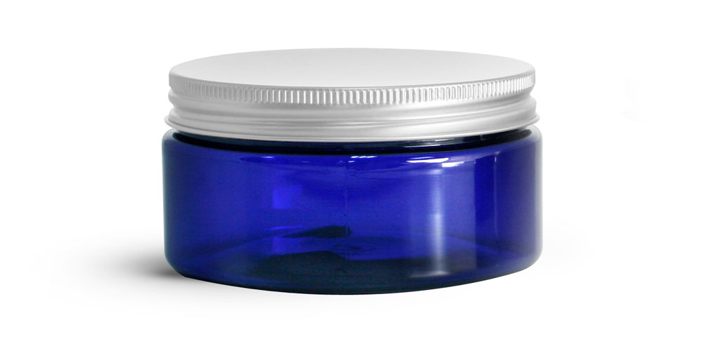 8 OZ BLUE PET HEAVY WALL JARS W/ ALUMINUM LINED CAPS
