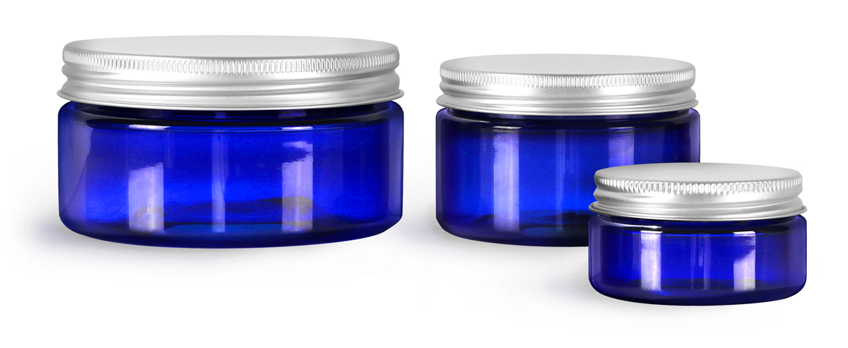PET Plastic Jars, Blue Heavy Wall Jars w/ Aluminum Lined Caps