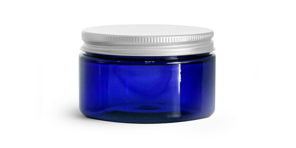 4 OZ BLUE PET HEAVY WALL JARS W/ ALUMINUM LINED CAPS