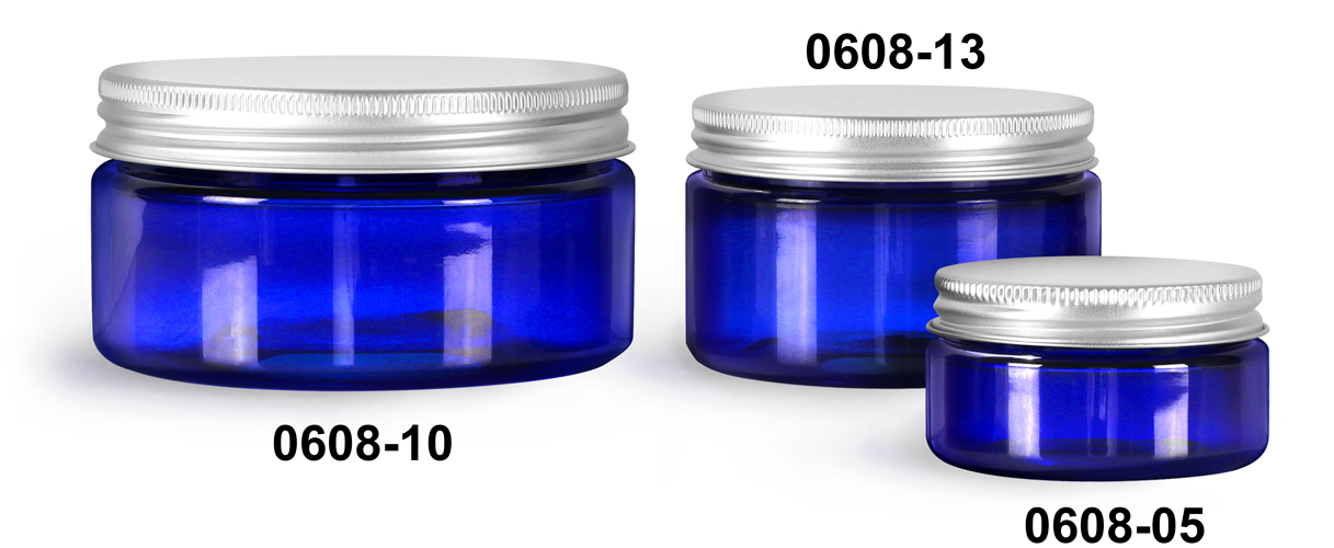 Plastic Jars, Blue PET Heavy Wall Jars w/ Aluminum Lined Caps