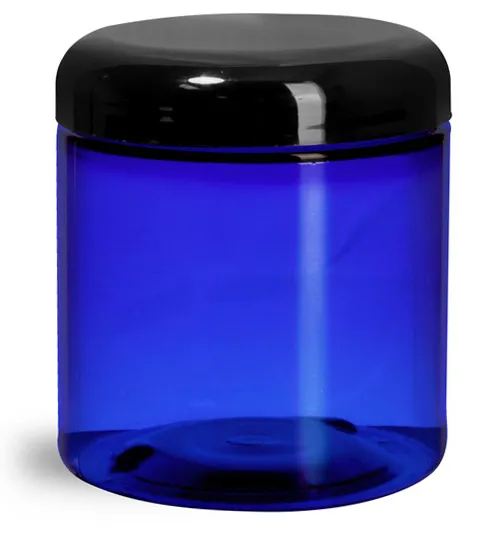 8 oz Plastic Jars, Blue PET Straight Sided Jars w/ Black Dome Lined Caps