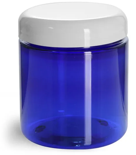 8 oz PET Plastic Jars, Blue Straight Sided Jars w/ White Dome Lined Caps