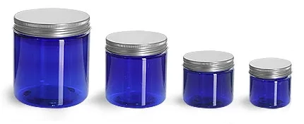 PET Plastic Jars, Blue Straight Sided Jars w/ Lined Aluminum Caps