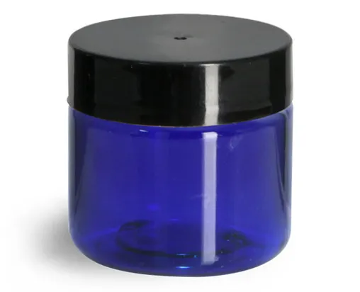 1 oz Blue PET Straight Sided Jars w/ Black Smooth Plastic Lined Caps