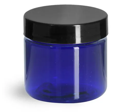 2 oz Blue PET Straight Sided Jars w/ Black Smooth Plastic Lined Caps