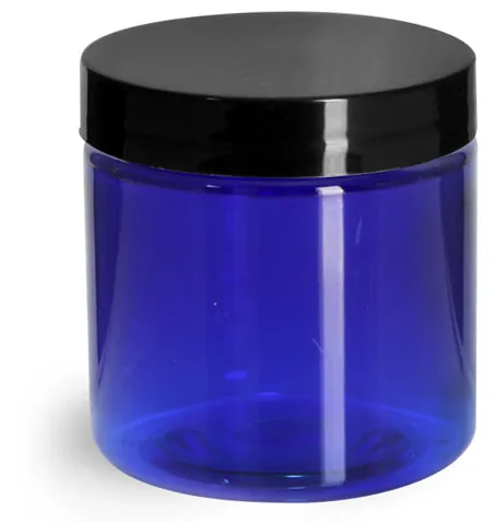 4 oz Blue PET Straight Sided Jars w/ Black Smooth Plastic Lined Caps
