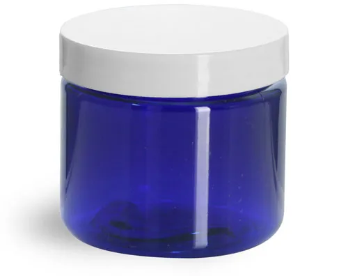 2 oz Blue PET Straight Sided Jars w/ White Smooth Plastic Lined Caps
