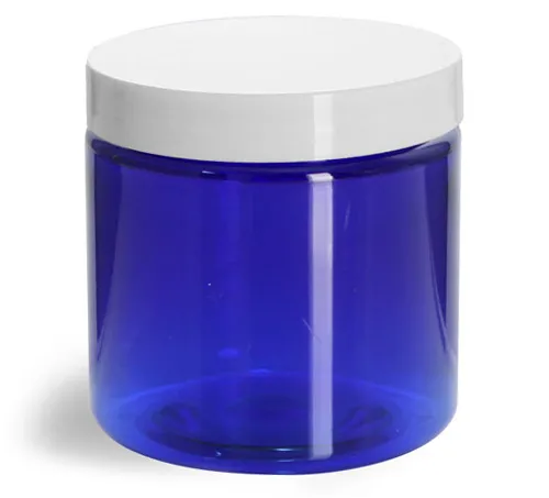 4 oz Blue PET Straight Sided Jars w/ White Smooth Plastic Lined Caps