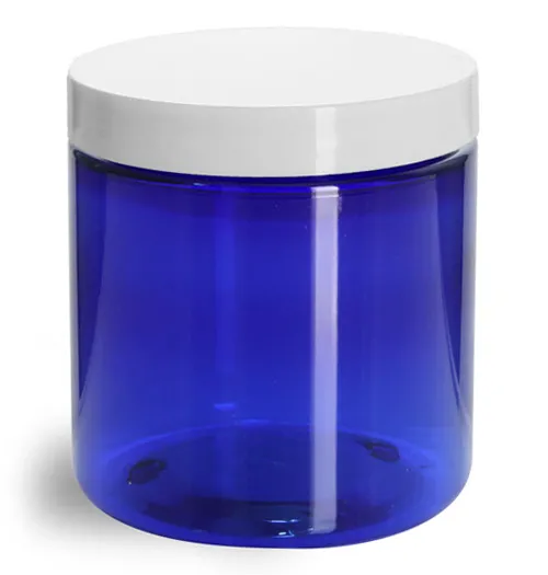 8 oz Blue PET Straight Sided Jars w/ White Smooth Plastic Lined Caps