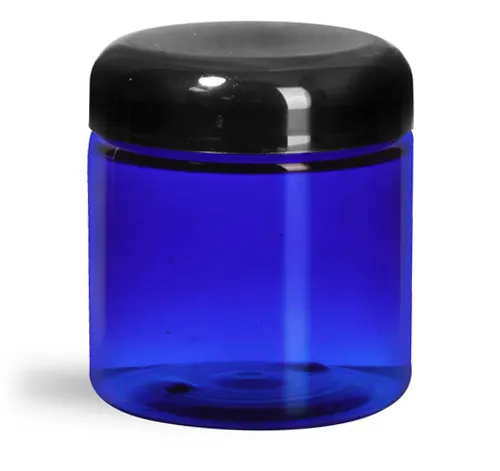 4 oz Plastic Jars, Blue PET Straight Sided Jars w/ Black Dome Lined Caps