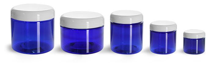 PET Plastic Jars, Blue Straight Sided Jars w/ White Dome Lined Caps