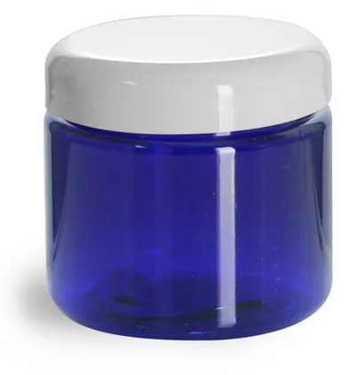 2 oz PET Plastic Jars, Blue Straight Sided Jars w/ White Dome Lined Caps