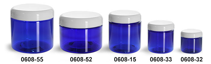 Plastic Jars, Blue PET Straight Sided Jars w/ White Dome Lined Caps