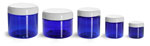 Blue PET Straight Sided Jars w/ White Dome Lined Caps