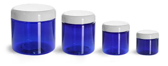 PET Plastic Jars, Blue Straight Sided Jars w/ White Dome Lined Caps