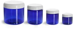 PET Plastic Jars, Blue Straight Sided Jars w/ White Dome Lined Caps