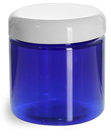 4 oz PET Plastic Jars, Blue Straight Sided Jars w/ White Dome Lined Caps
