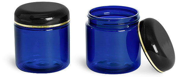 Blue PET Straight Sided Jars with Lined Black Dome Caps with Gold Band