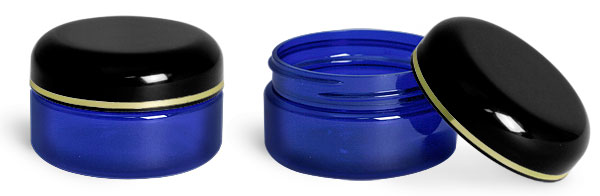 Blue PET Heavy Wall Jars with Lined Black Dome Caps with Gold Band