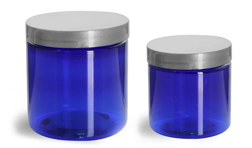 PET Plastic Jars, Blue Straight Sided Jars w/ Silver Smooth Lined Caps