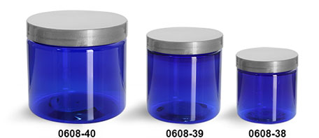 Plastic Jars, Blue PET Straight Sided Jars w/ Silver Smooth Lined Caps