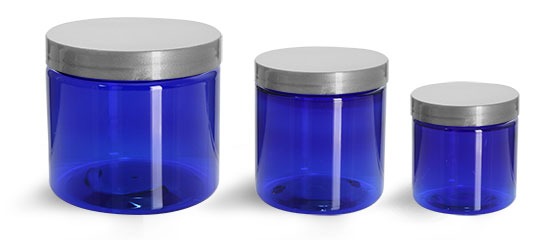 PET Plastic Jars, Blue Straight Sided Jars w/ Silver Smooth Lined Caps