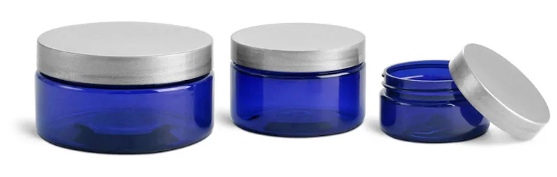 PET Plastic Jars, Blue Heavy Wall Jars w/ Silver Smooth PE Lined Caps