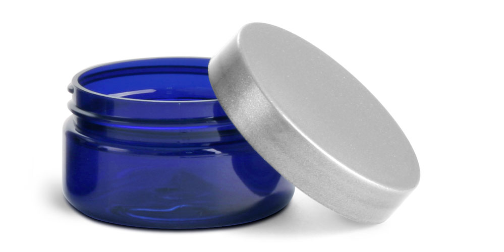 2 oz Blue PET Heavy Wall Jars w/ Silver Smooth PE Lined Caps
