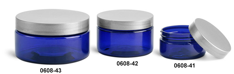Plastic Jars, Blue PET Heavy Wall Jars w/ Silver Smooth PE Lined Caps
