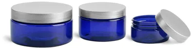 PET Plastic Jars, Blue Heavy Wall Jars w/ Silver Smooth PE Lined Caps
