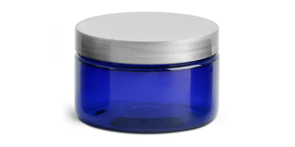 4 oz Blue PET Heavy Wall Jars w/ Silver Smooth PE Lined Caps