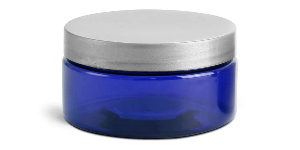 8 oz Blue PET Heavy Wall Jars w/ Silver Smooth PE Lined Caps