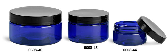 Plastic Jars, Blue PET Heavy Wall Jars w/ Black Smooth Lined Caps