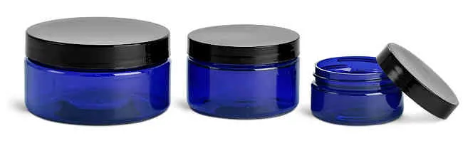 PET Plastic Jars, Blue Heavy Wall Jars w/ Black Smooth PE Lined Caps