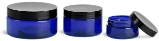 PET Plastic Jars, Blue Heavy Wall Jars w/ Black Smooth PE Lined Caps