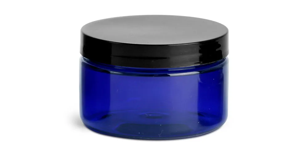 4 oz Blue PET Heavy Wall Jars w/ Black Smooth PE Lined Caps