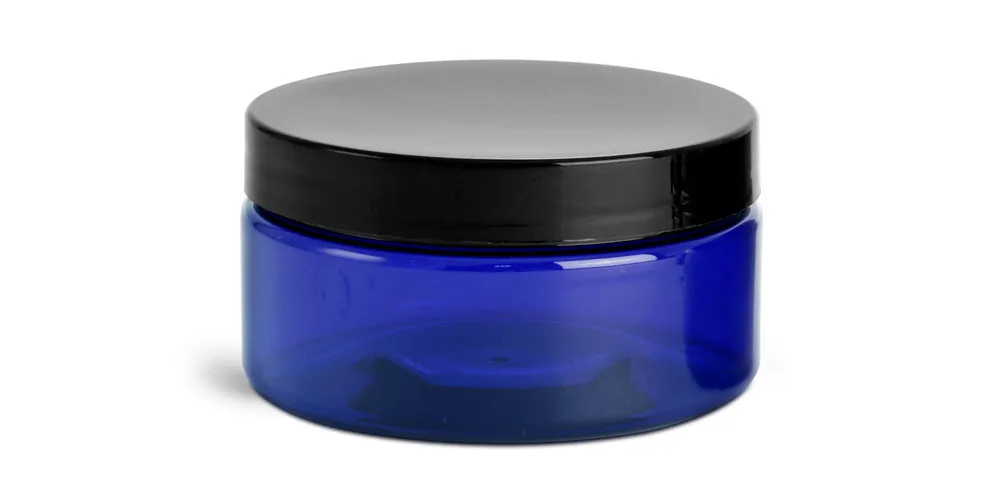 8 oz Blue PET Heavy Wall Jars w/ Black Smooth PE Lined Caps