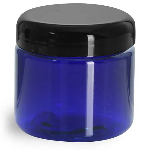 2 oz Plastic Jars, Blue PET Straight Sided Jars w/ Black Dome Lined Caps