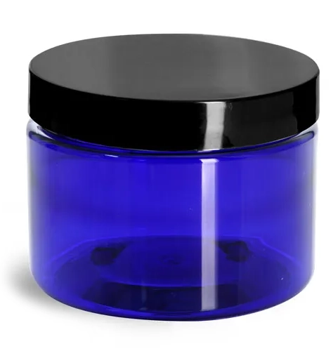 12 oz Blue PET Straight Sided Jars w/ Black Smooth Caps