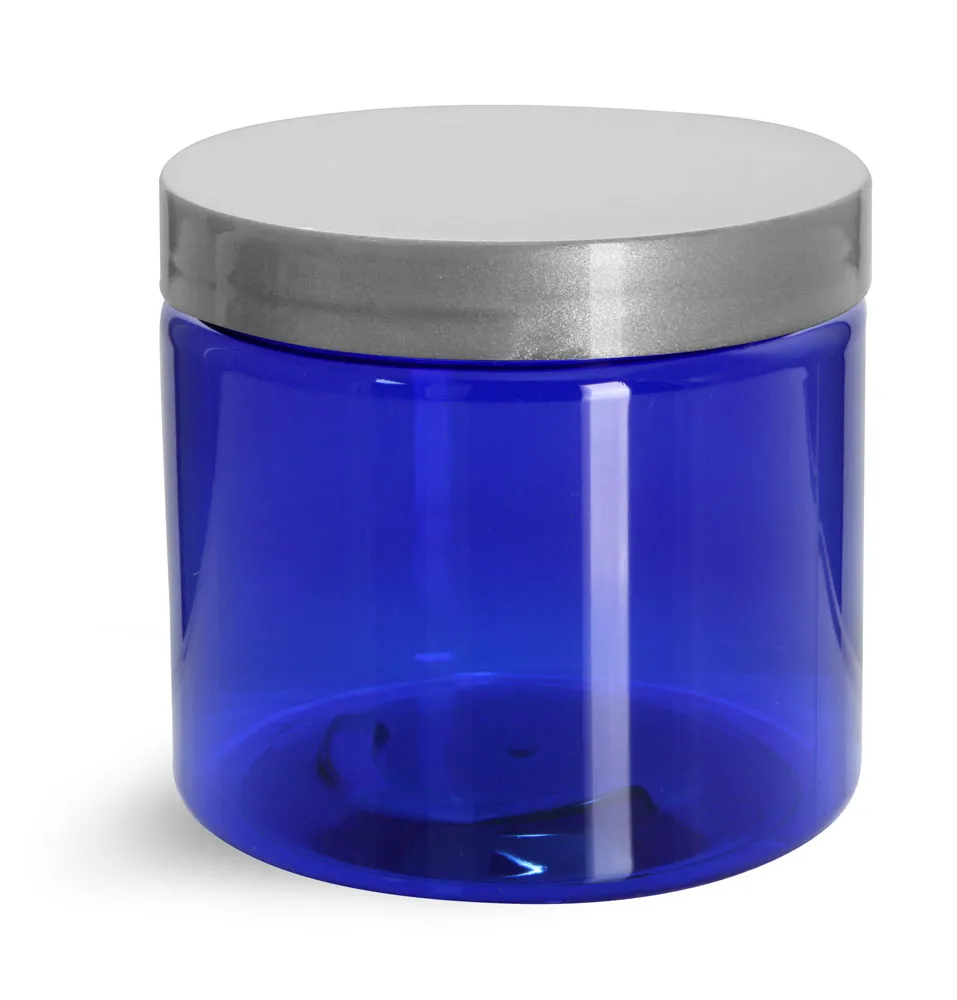 16 oz PET Plastic Jars, Blue Straight Sided Jars w/ Silver Smooth Lined Caps